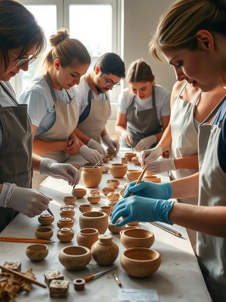 A photograph showing a team of volunteers cleaning and preserving artifacts found at an archaeological site, emphasizing the importance of conservation.