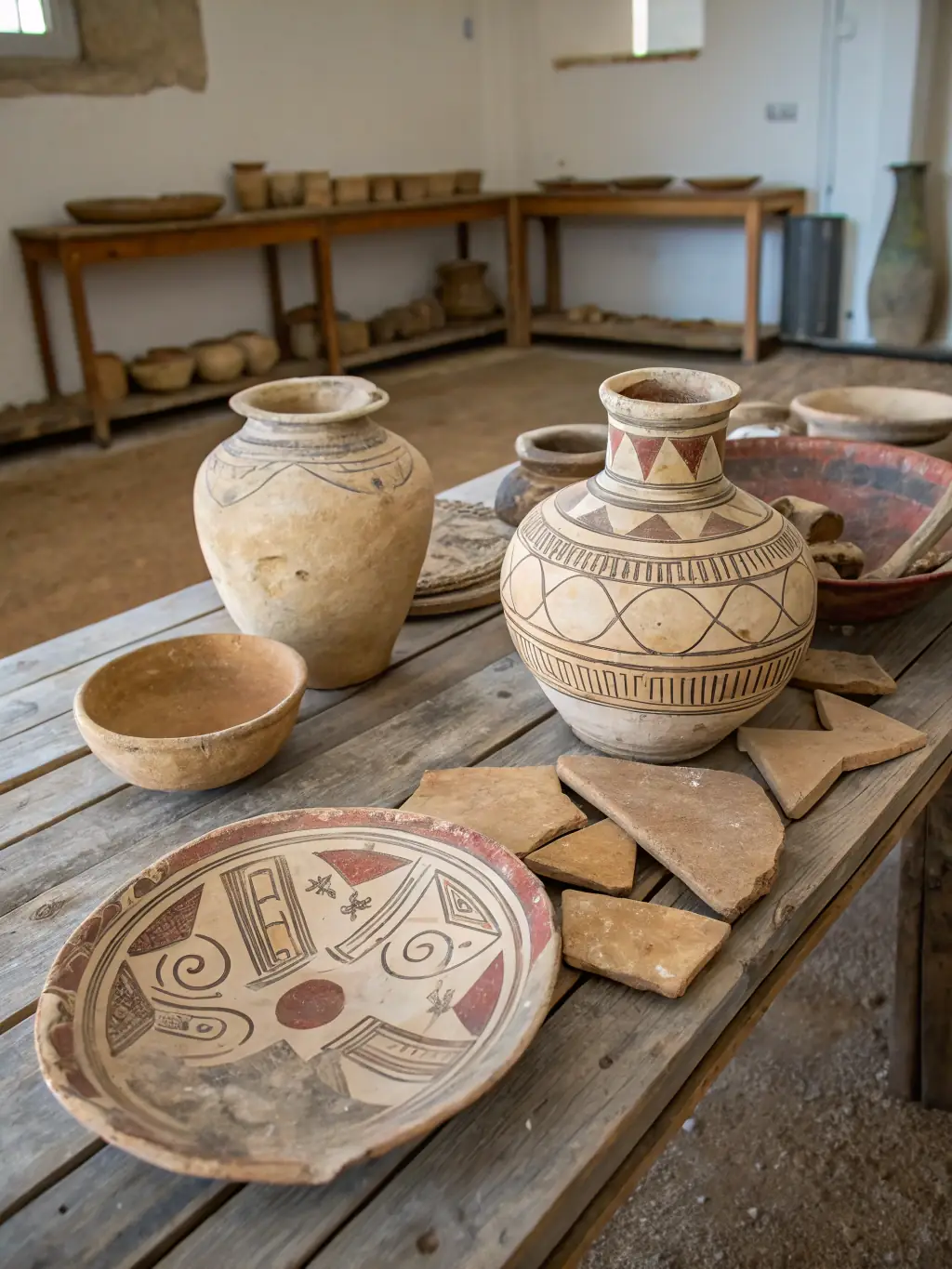A high-quality image of a restored ancient artifact, such as a piece of pottery or a tool, displayed in a museum exhibit. The lighting is professional, highlighting the artifact's details.