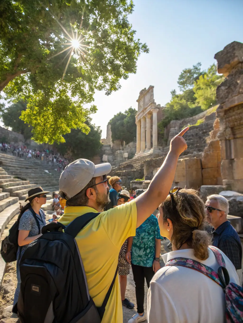 A picture of a guided tour at an archaeological site, with a knowledgeable guide explaining the historical significance of the location to an engaged group of visitors.
