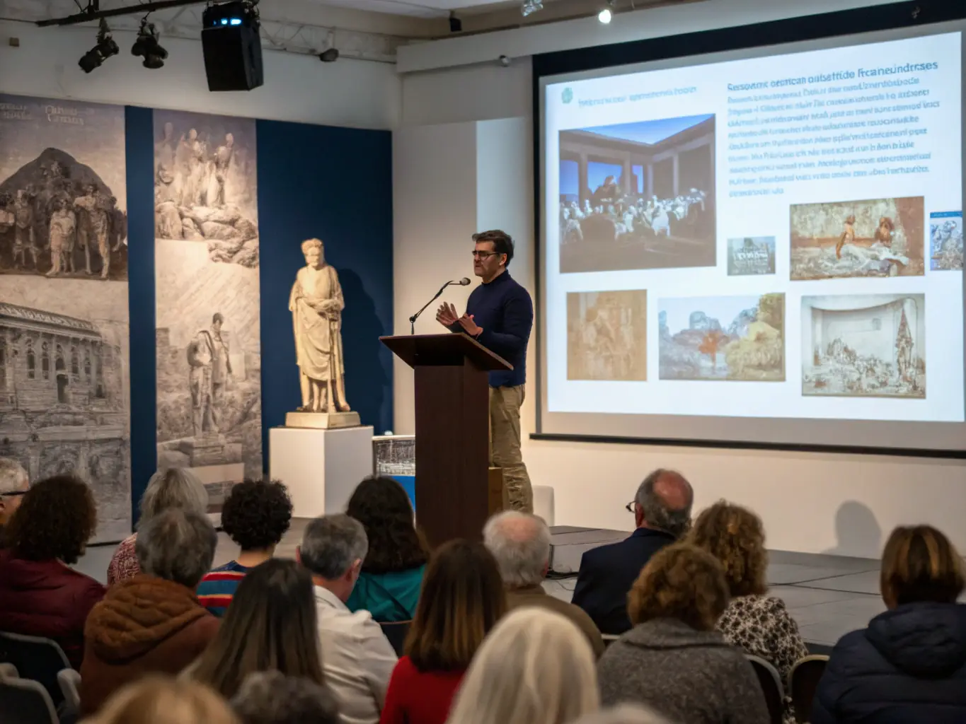 A photograph of a public lecture or presentation on local archaeological findings, with an archaeologist speaking to an engaged audience. The scene should convey a sense of knowledge sharing and public education.