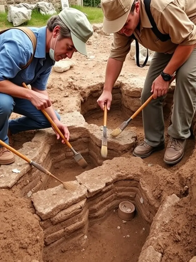 A photograph depicting archaeologists carefully excavating a Roman-era villa site in Guéret, France, showcasing the meticulous work involved in uncovering historical artifacts and structures.