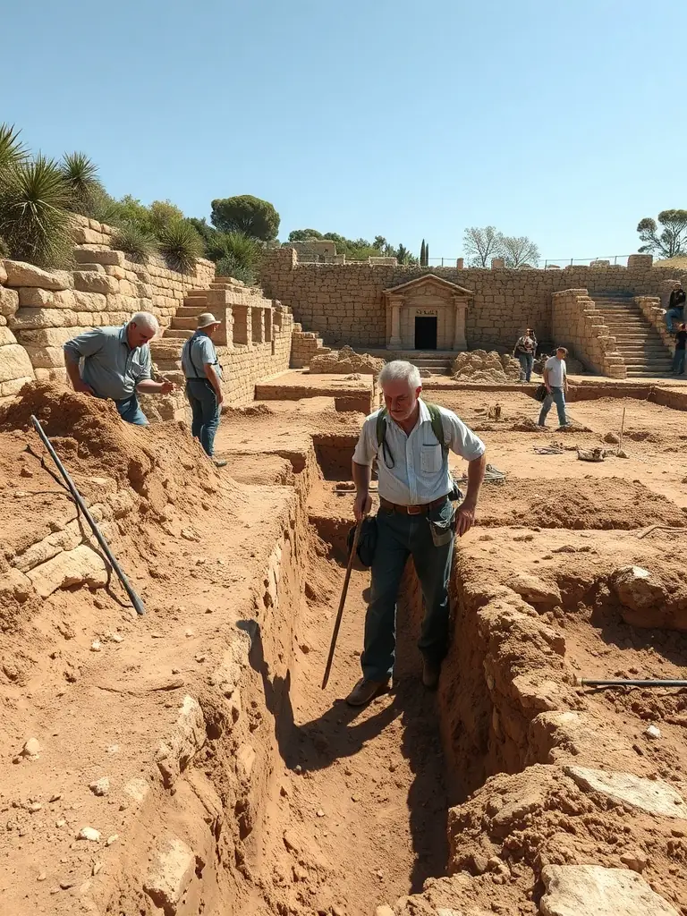 A photograph depicting archaeologists carefully excavating a site in Gueret, France, with tools and equipment visible, showcasing the meticulous research process.