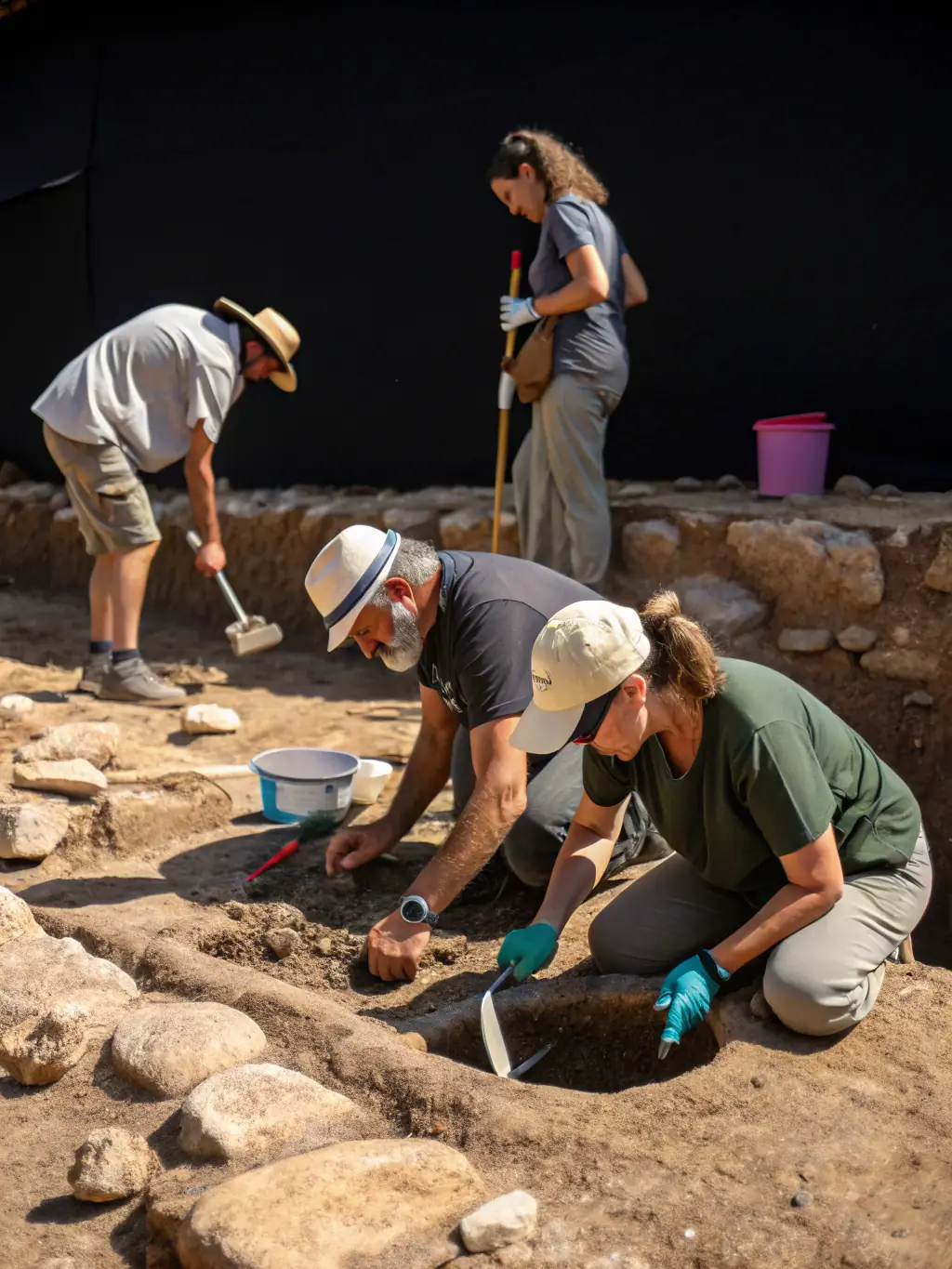 A photograph of a community workshop where participants are learning about archaeological techniques and local history, promoting community engagement.