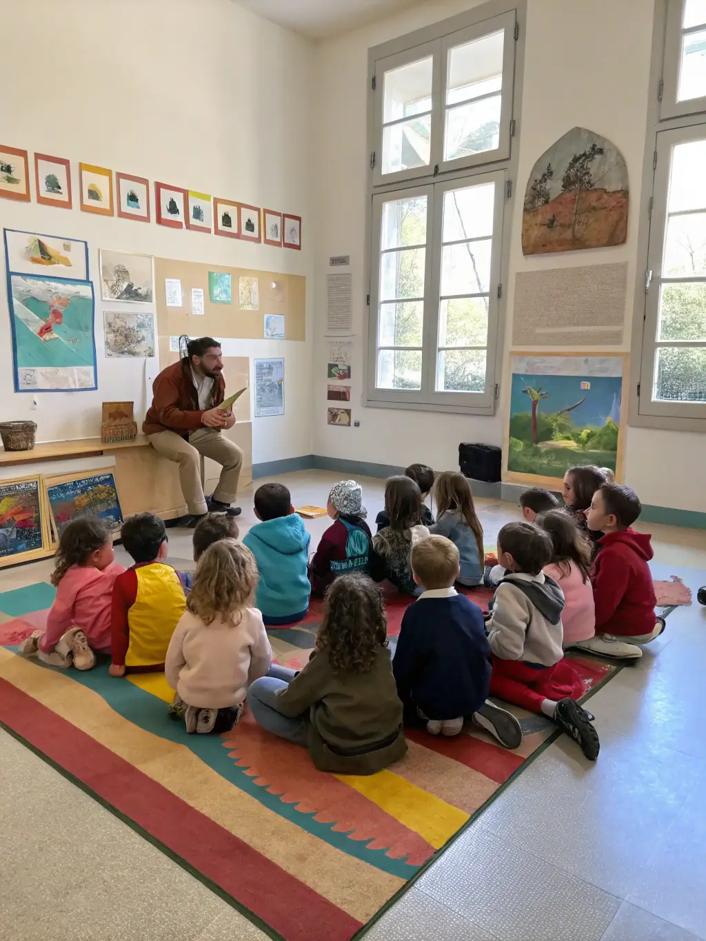 A group of children participating in an educational workshop about archaeology, learning to identify and classify different types of artifacts. The setting is a bright and engaging classroom.