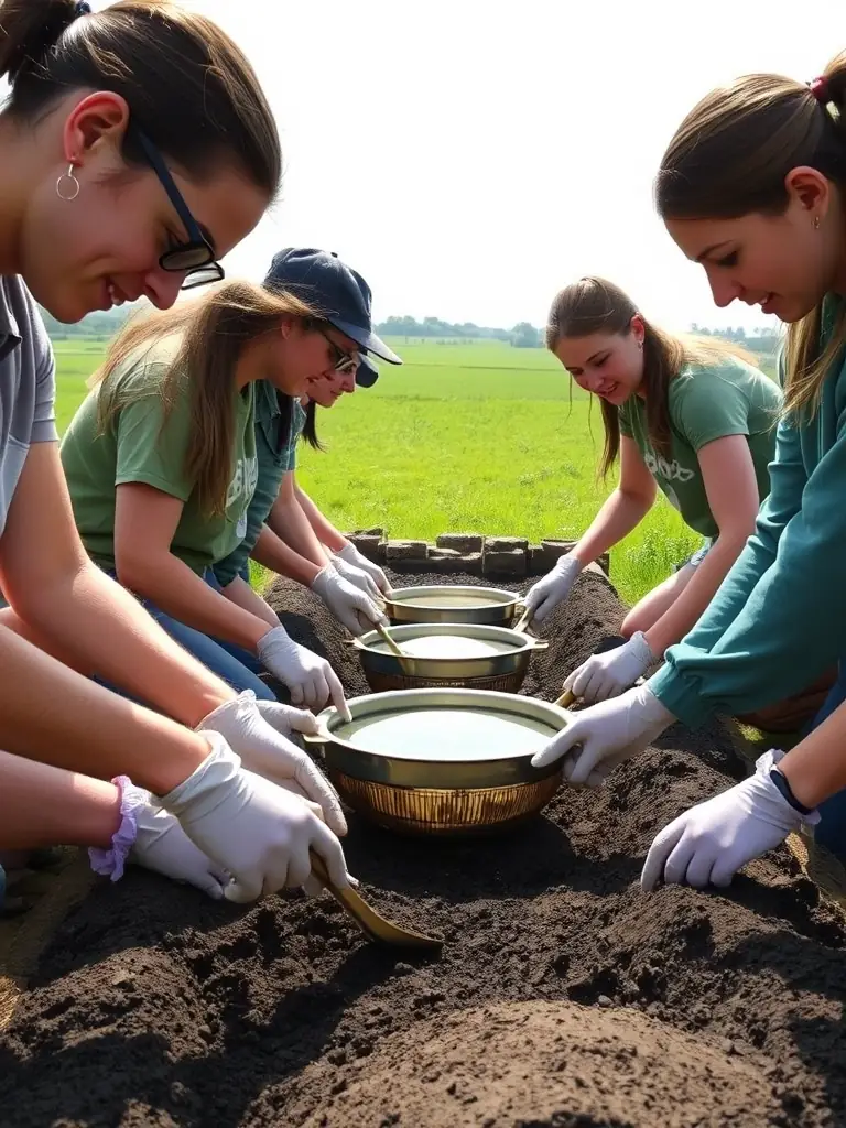 A photograph depicting volunteers carefully sifting through soil at an archaeological dig site, uncovering pottery shards. The scene is focused and professional, showcasing the meticulous nature of archaeological work.