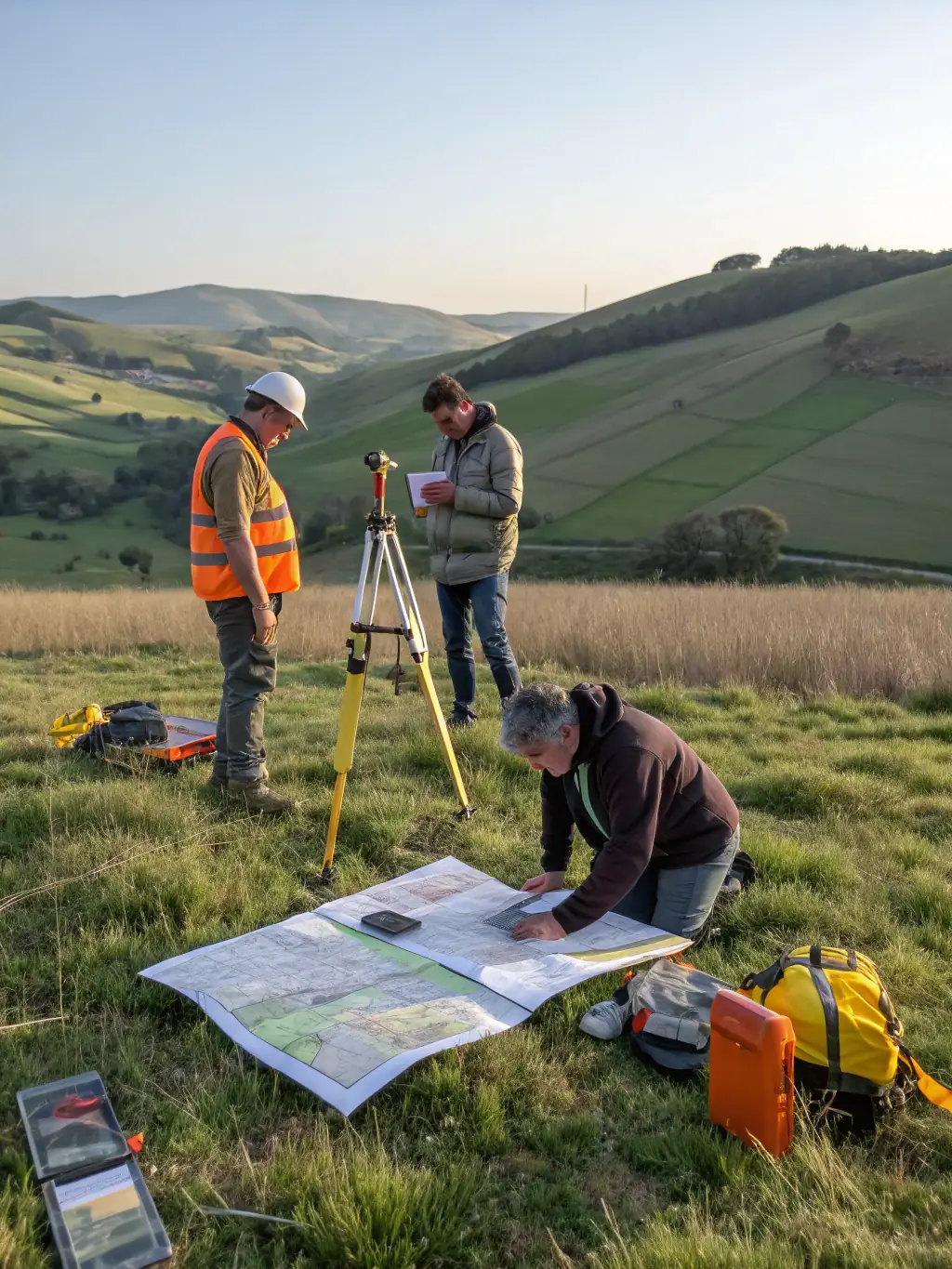 A photograph of archaeologists conducting a survey of a potential dig site using advanced technology like GPS and ground-penetrating radar. The landscape is rural and scenic.