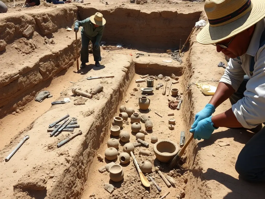 A photograph depicting archaeologists carefully excavating a site in Gueret, France, with various tools and equipment visible. The scene should convey a sense of meticulous work and historical discovery.