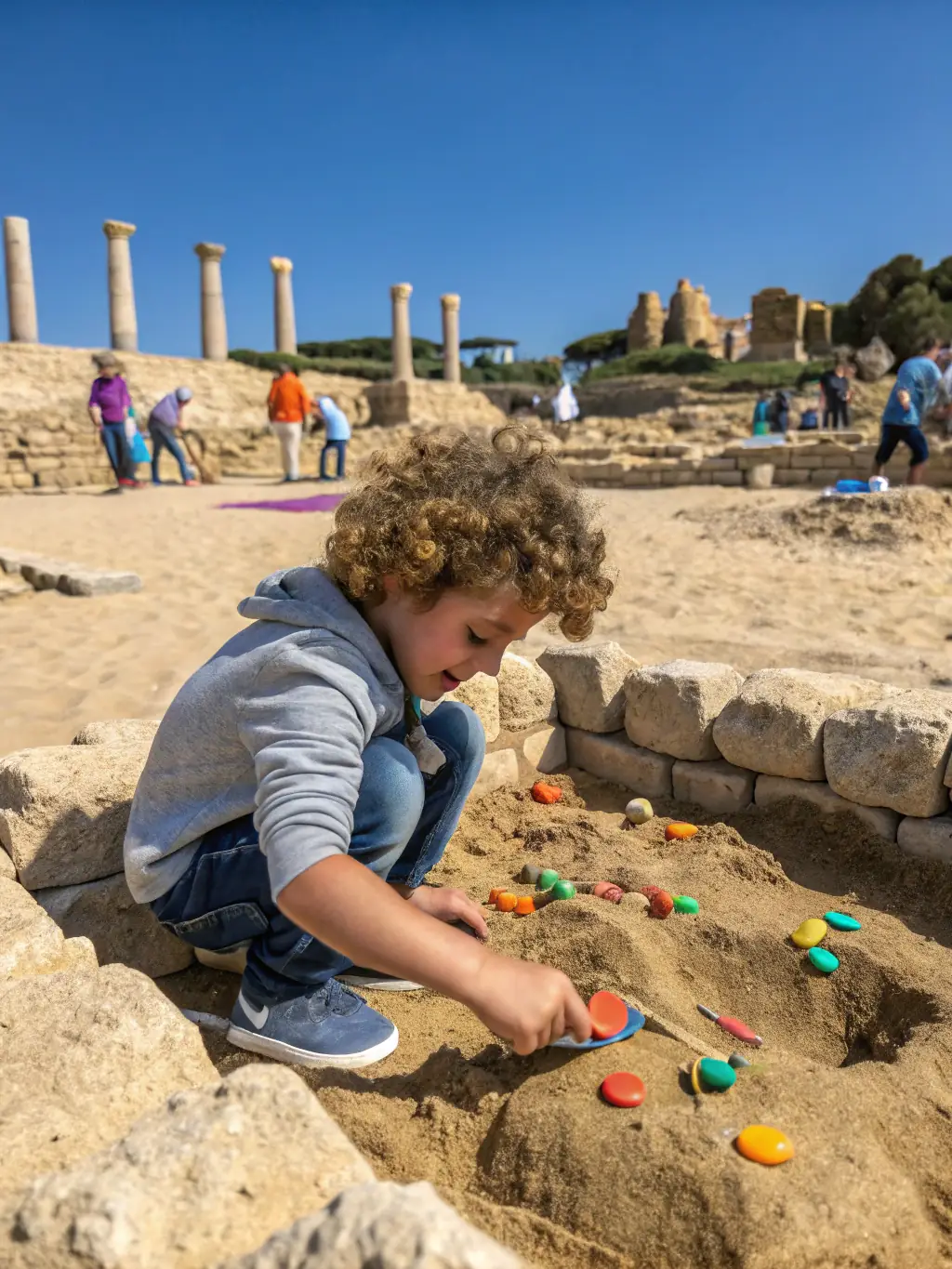 A photograph showing children participating in an educational program about archaeology, learning about ancient tools and techniques through hands-on activities.